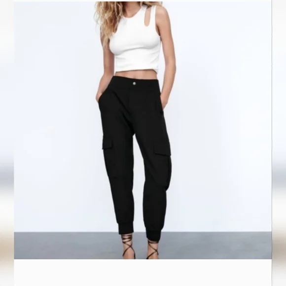 Zara Black Satin Cargo Jogger Pants - Picture 6 of 6